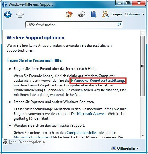Hilfe anfordern I: Die Einladungsoption ist im Text versteckt. Klicken Sie auf die blaue Verknüpfung „Windows-Remoteunterstützung“.