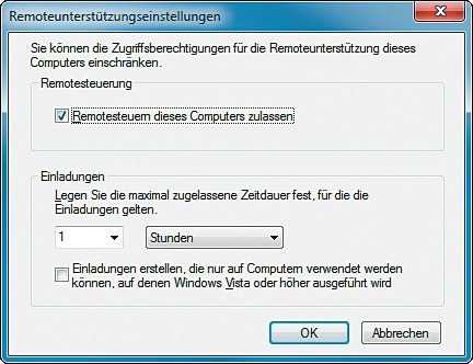 Konfiguration II: Zusätzlich muss der Hilfesuchende auf seinem Rechner noch die Option „Remotesteuern dieses Computers zulassen“ aktivieren.