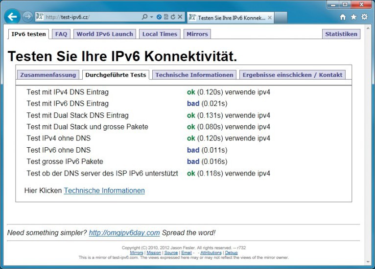 Tipp 29 — Auf IPv6 testen: Wenn in den Zeilen mit „IPv6“ ein „bad“ steht, dann funktioniert IPv6 bei Ihnen noch nicht.