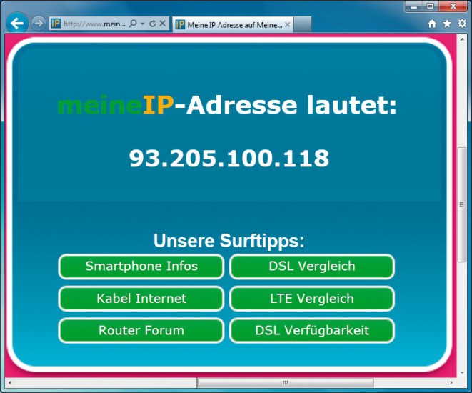 Tipp 24 — Eigene IP-Adresse ermitteln: Rufen Sie www.meineip.de auf, um Ihre IP-Adresse zu erfahren.