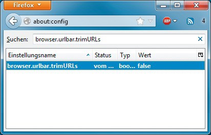 Tipp 18 — URLs nicht kürzen: Ändern Sie den Wert von „trimURLs“ auf „false“. Damit zeigt Firefox Webadressen wieder mit „https://“ an.