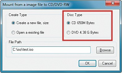 Virtuelle Rohlinge: Total Mounter nutzt virtuelle CD-Rohlinge mit 650 MByte oder virtuelle DVD-Rohlinge mit 4,38 GByte Speicherkapazität.