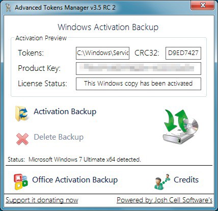 Advanced Tokens Manager: Klicken Sie auf „Activation Backup“, um Ihre Windows-Aktivierung in einer Datei zu speichern.