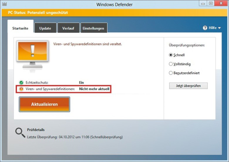 Antiviren-Update aktivieren: Der Windows Defender in Windows 8 aktualisiert sich nicht automatisch.