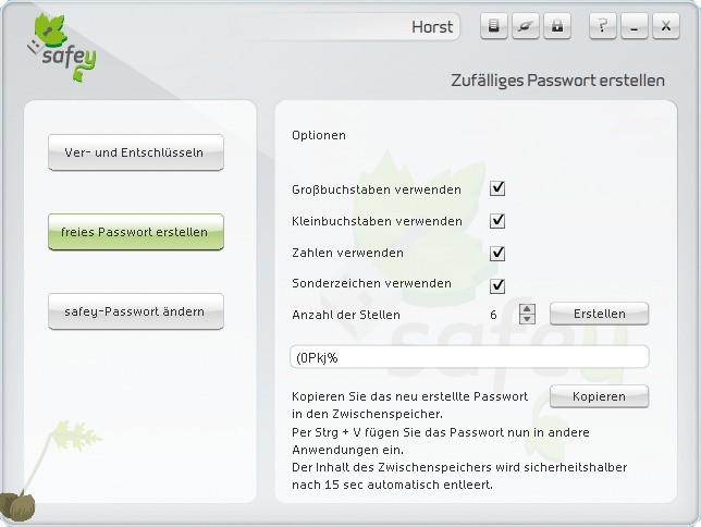 Passwortgenerator: Unter „Verschlüsseln, freies Passwort erstellen“ macht Safey Vorschläge für sichere Kennwörter.