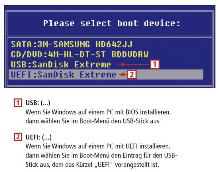 So geht‘s: Wenn Sie den Computer vom Setup-Stick booten, dann wählen Sie bereits im Boot-Menü aus, ob Sie Windows im normalen Modus installieren — also auf einem Rechner mit BIOS — oder im UEFI-Modus.