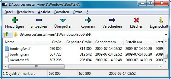 UEFI-Unterstützung: Damit das Setup vom Stick auch im UEFI-Modus klappt, kopieren Sie die Datei „bootmgfw.efi“ von der Installations-DVD auf den Stick. Benennen Sie sie um in bootx64.efi.