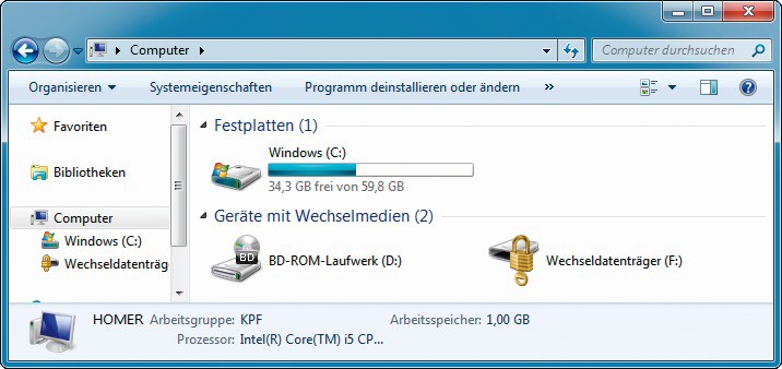 Verschlüsselter USB-Stick: Der Windows-Explorer, hier in Windows 7, kennzeichnet einen Stick mit Bitlocker To Go mit einem Schloss-Symbol.