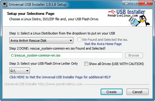 Universal USB Installer: Dieses Tool kopiert die ISO-Datei von Avira Antivir Rescue System auf den USB-Stick.