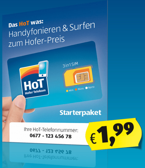 HoT Prepaid-Angebot: Das HoT-Starterpaket ist in den Hofer-Filialen zum Preis von 1,99 Euro erhältlich. Die neue Vorwahl des Anbieters ist 0677.
