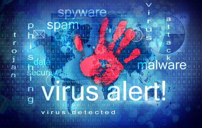 Virus Alarm mit Weltkarte und Handabdruck