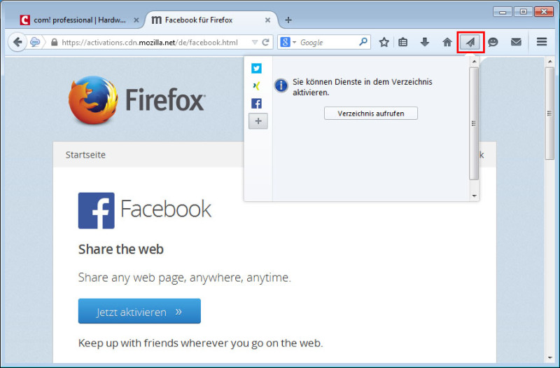 Firefox 35 mit Teilen-Button