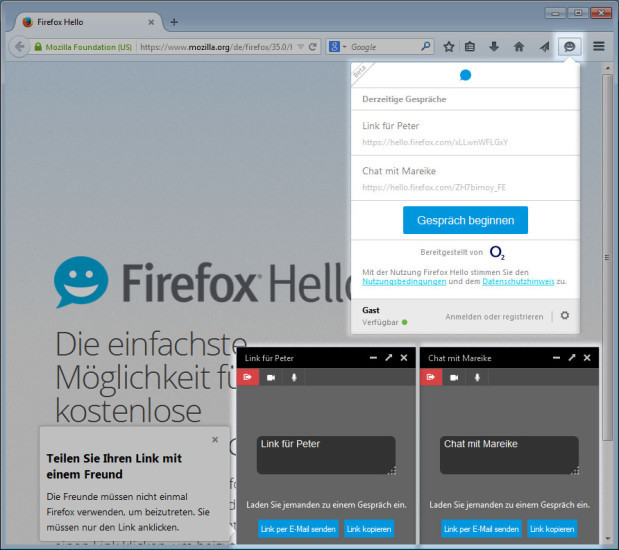 Firefox 35 mit Firefox Hello