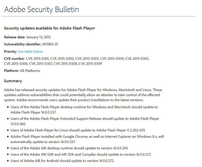 Adobe Security Bulletin Flash Player