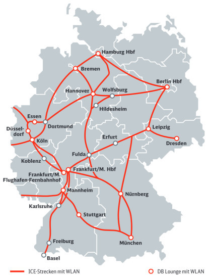 WLAN-Streckenkarte: Seit Mitte 2014 ist das 5.200 Kilometer lange ICE-Kernnetz der Deutschen Bahn für den Internetempfang ausgerüstet.
