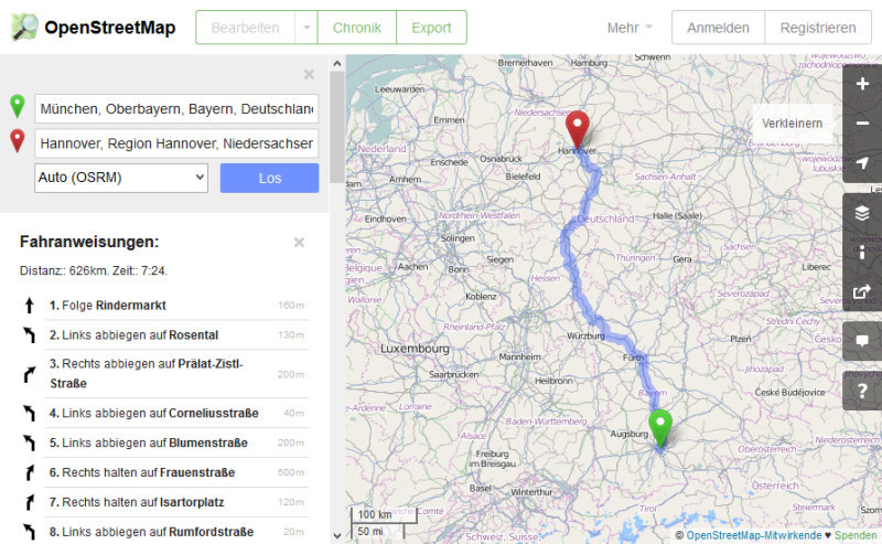 Routenplaner: Der Online-Dienst Openstreetmap.org berechnet nun auch Routen für Autofahrer, Radler und Fußgänger.