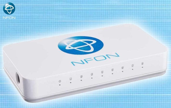 Die Nfon Ncloudbox+ wird an das vorhandene Systemtelefon angeschlossen und mit dem Ethernet im Unternehmen verbunden.