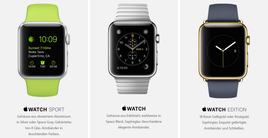 Die Apple Watch Kollektionen "Watch Sport", "Watch" und "Watch Edition".