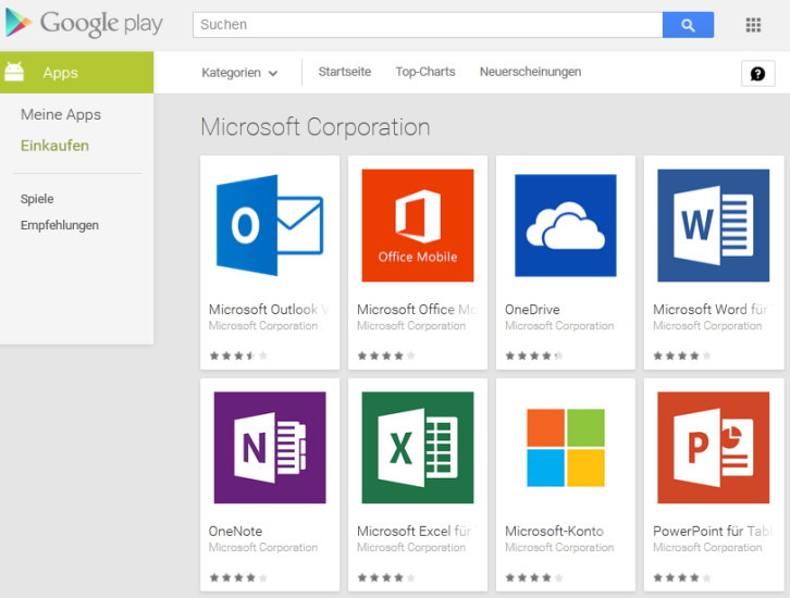 Microsoft-Apps im Playstore