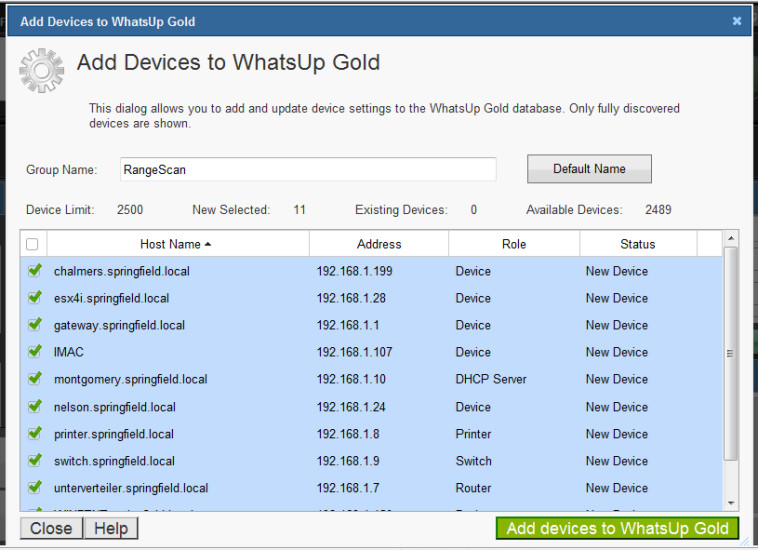 WhatsUp Gold: Mit dem „Range Scan“ hat der Administrator recht zügig alle Geräte im Netzwerk identifiziert.