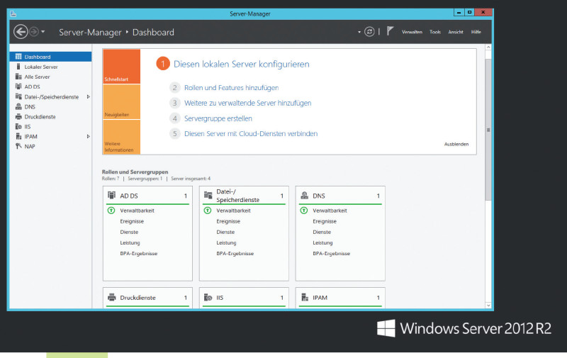 Moderne GUI: Alle Lösungen stellen dem Admin ein Dashboard zur Verfügung – hier der Server-Manager von Windows Server.