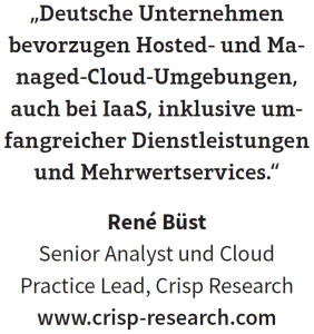 René Büst, Senior Analyst und Cloud Practice Lead, Crisp Research: „Deutsche Unternehmen bevorzugen Hosted- und Managed-Cloud-Umgebungen, auch bei IaaS, inklusive umfangreicher Dienstleistungen und Mehrwertservices.“