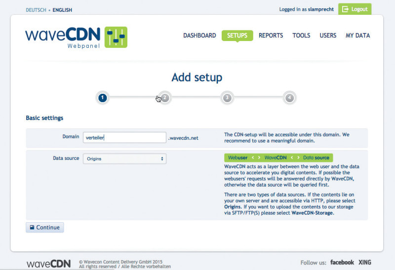 WaveCDN: Der Dienst stellt den Anwendern eine einfache Schrittfolge zur Konfiguration seines CDNs zur Verfügung.