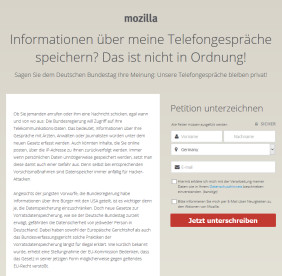 Protest: Mit einer Petitions-Seite gegen die geplante Vorratsdatenspeicherung wird Firefox-Entwickler Mozilla erstmals in Deutschland politisch aktiv.