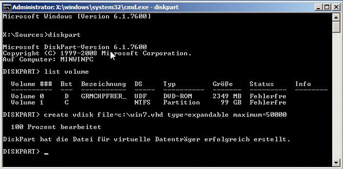 Virtuelle Festplatte anlegen: Zu Windows 7 gehört ein kleines Tool namens Diskpart. Das erstellt mit einem einzigen Befehl (rot markiert) eine virtuelle Festplatte (Bild 4).