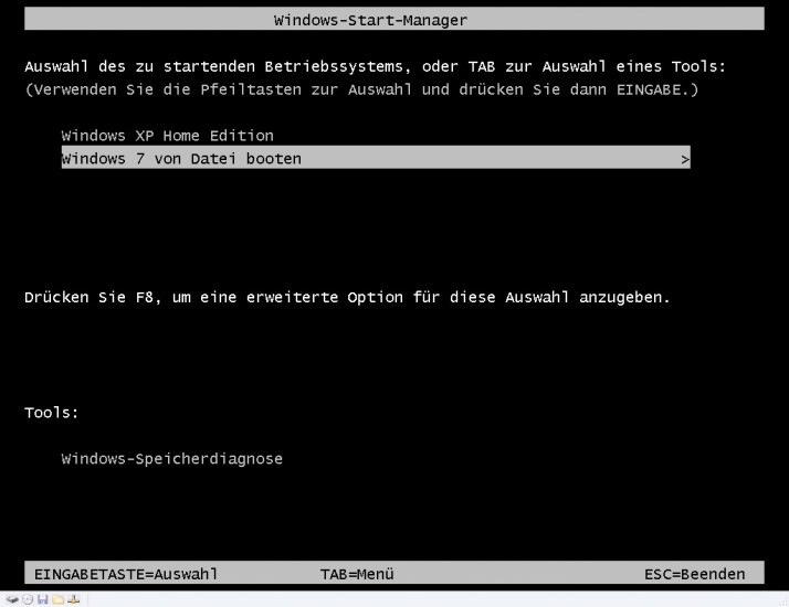 Windows von Datei booten:Windows 7 lässt sich in einer virtuellen Festplatte installieren und von dort booten. Im Boot-Manager stellt sich Windows 7 dar wie ein System, das auf Festplatte installiert ist (Bild 1).