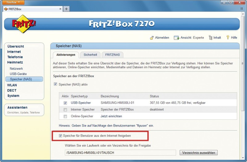 FTP-Server einrichten: Ein an die Fritzbox angeschlossener USB-Stick lässt sich als Server für den Datenabgleich zwischen mehreren PCs nutzen. Sie bauen damit Ihre eigene Dropbox (Bild 1).