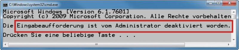 Deaktivierte Kommandozeile: Auch den Zugriff auf die Kommandozeile und die Ausführung von Batch-Dateien können Sie dem Besucher auf Ihrem Rechner verbieten (Bild 7).