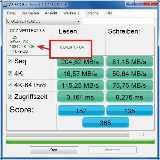 Partitionierfehler: Meldet AS SSD Benchmark „OK“, dann stimmt das Alignment Ihrer SSD und sie kann mit vollem Tempo arbeiten (Bild 1).