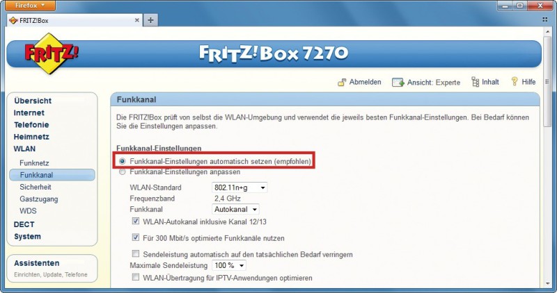 Automatische Kanalwahl: Wenn viele Funknetze Ihr WLAN stören, dann überlassen Sie der Fritzbox die automatische Wahl des Funkkanals (Bild 2).