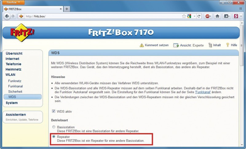 Fritzbox als Repeater: Eine Fritzbox lässt sich auch als WLAN-Repeater für eine andere Fritzbox-Basisstation nutzen (Bild 7).