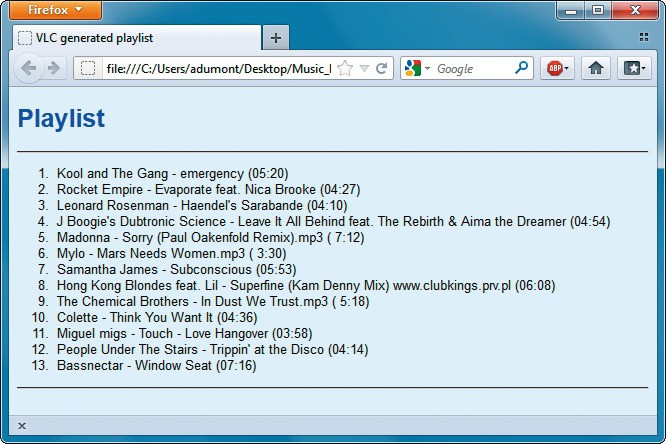 Playlisten: VLC exportiert Playlisten auch in das HTML-Format, das sich zum Beispiel für die eigene Homepage verwenden lässt.