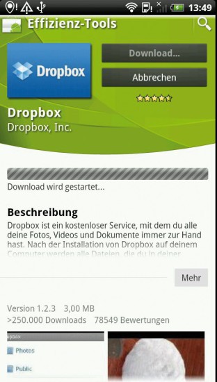 Die kostenlose Dropbox-App installieren Sie im Android-Market auf dem Smartphone (Bild 2).