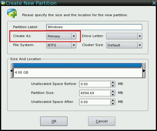 Partitionen anlegen: Hier wird eine primäre Partition mit dem Dateisystem NTFS erstellt, die sich beispielsweise für eine Windows-Installation nutzen lässt (Bild 4).