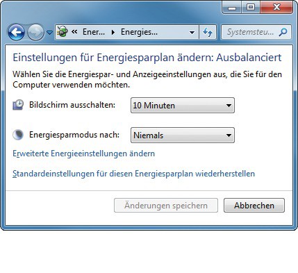 Energiesparoptionen eines Desktop-Rechners: Hier lässt sich zunächst nur festlegen, wann Windows 7 den Bildschirm ausschalten und den Energiesparmodus einschalten soll (Bild 2).