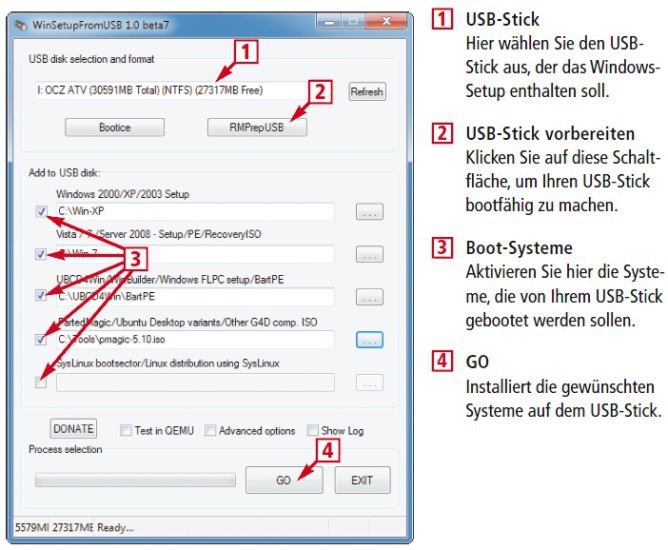 Das kostenlose Tool Win-Setup from USB 1.0 Beta 7 erstellt besonders komfortabel einen Windows-Setup-Stick.