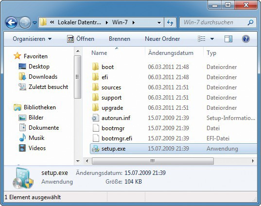 Windows-7-Dateien kopieren: Zunächst kopieren Sie die Installationsdateien von Windows 7 von der Setup-DVD in das Verzeichnis „Win-7“ auf Ihrem PC.