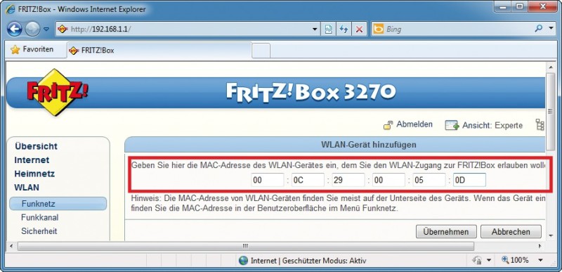 MAC-Adressfilter in der Fritzbox: In diesem Dialogfenster teilen Sie die MAC-Adresse Ihres Notebooks der Fritzbox eines Freundes mit, um von seinem Funknetz surfen zu können.