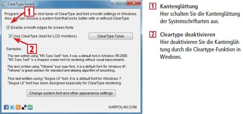 So geht‘s: Das Tool Cleartype Switch bietet einen komfortablen Zugriff auf die Kantenglättungsfunktionen in Windows (kostenlos, http://karpolan.com/software/cleartype-switch) (Bild 2).