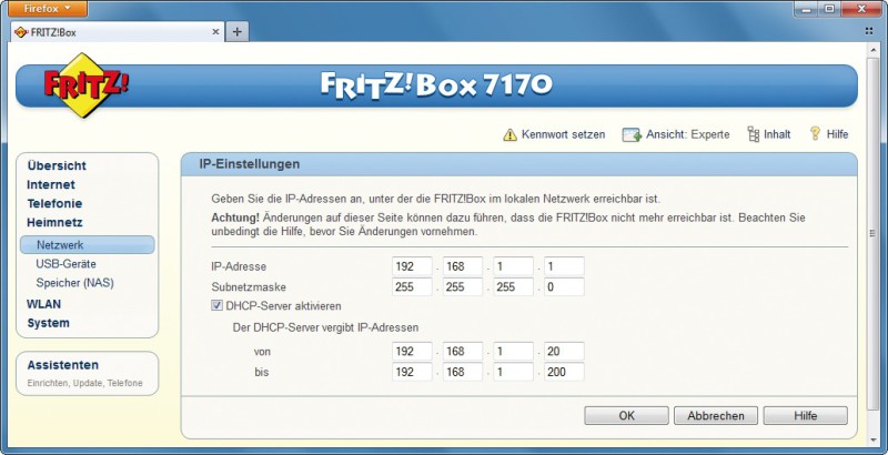 Netzwerk vorbereiten: Die Konfiguration der Fritzbox für Fernzugriffe auf Ihr Heimnetz dauert weniger als zehn Minuten. Hier weisen Sie dem Router beispielsweise eine neue IP-Adresse zu.