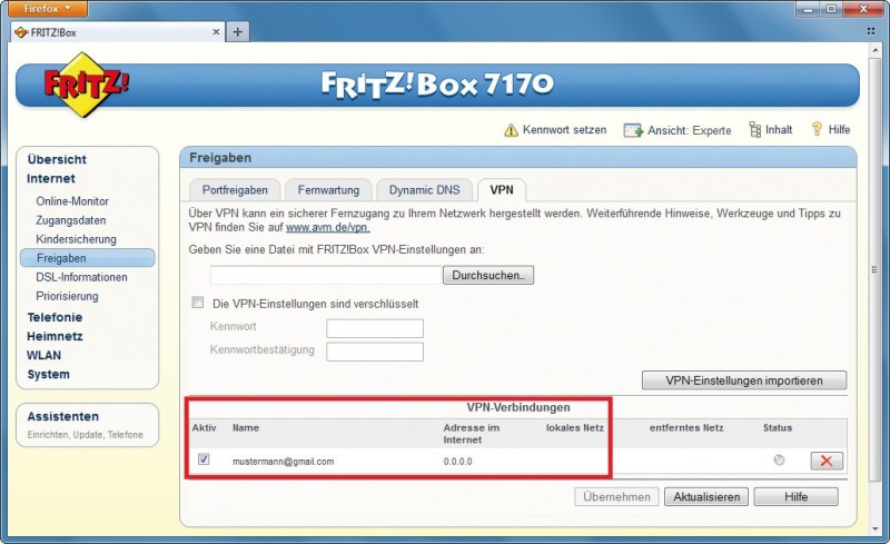 Fernzugriff: Der VPN-Zugang der FritzboxIm Urlaub genügt ein kleines Programm auf dem Notebook — ein VPN-Client —, um ins Heimnetz zu gelangen. Die Fritzbox im Büro und die Fritzbox zu Hause verbinden sich automatisch.
