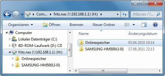 Netzlaufwerke verbinden: Ihre Fritzbox ist hier als Laufwerk „H:“ eingebunden. Sie haben nun Zugriff auf die Samsung-Festplatte, die per USB am Router angeschlossen ist.