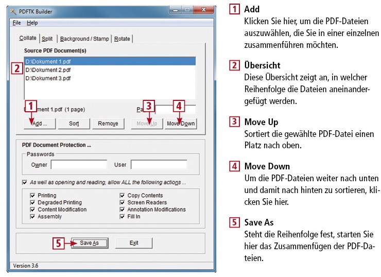 So geht’s: PDF TK Builder Portable PDF TK Builder Portable dreht nicht nur einzelne Seiten einer PDF-Datei, sondern fügt auch mehrere Dateien zu einer zusammen.
