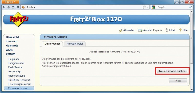 Fritzbox aktualisieren: Klicken Sie auf „Neue Firmware suchen“, um nach einer Aktualisierung für die Fritzbox zu suchen.