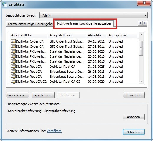 Zertifikat-Manager von Windows: Nicht mehr sichere Zertifikate sammelt Windows im Zertifikate-Manager unter „Nicht vertrauenswürdige Herausgeber“ (Bild 7).