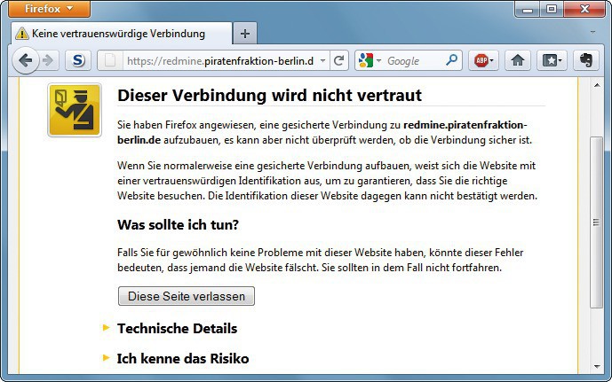 Warnung: Wurde ein Zertifikat von keiner bekannten Zertifizierungsstelle unterschrieben, warnt der Browser vor dem Besuch der Seite (Bild 4).